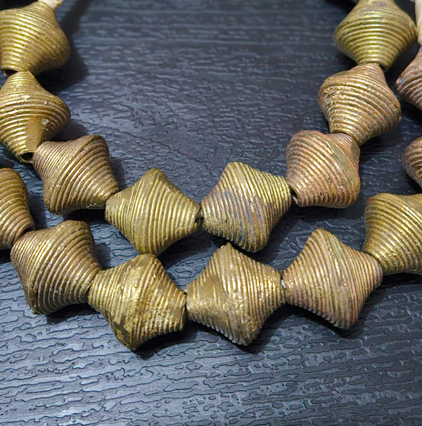 Handcrafted African Brass Beads Strand from Ghana - 25 Pieces, 14-15mm Bicones.