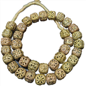 Cultural Authenticity: African Brass Beads Strand from Ghana - 35 Netted Cube Beads - Aadampo