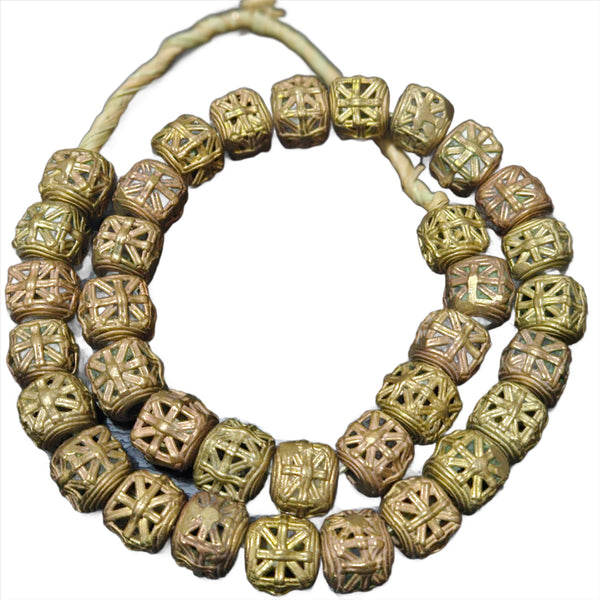 Cultural Authenticity: African Brass Beads Strand from Ghana - 35 Netted Cube Beads