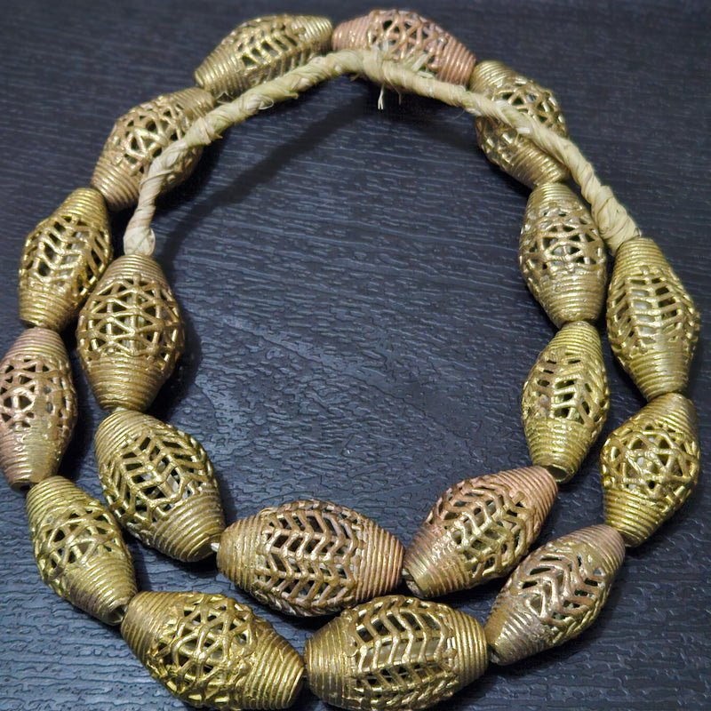 Craft with Authenticity: Ghanaian Extra Large Brass Beads Strand - 18 Handcrafted Bicones.