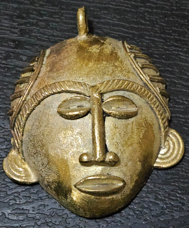 Intricately Designed African Brass Tribal Mask Pendant.