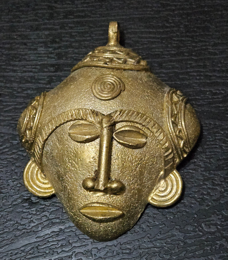 Authentic African Brass Tribal Mask Pendant - Handcrafted from Ghana