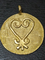 African brass pendant, round handmade symbolic Sankofa pendant