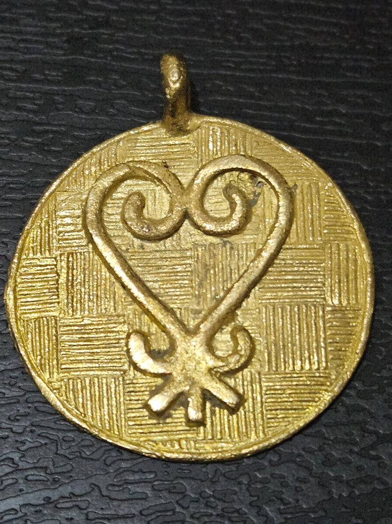 African brass pendant, round handmade symbolic Sankofa pendant