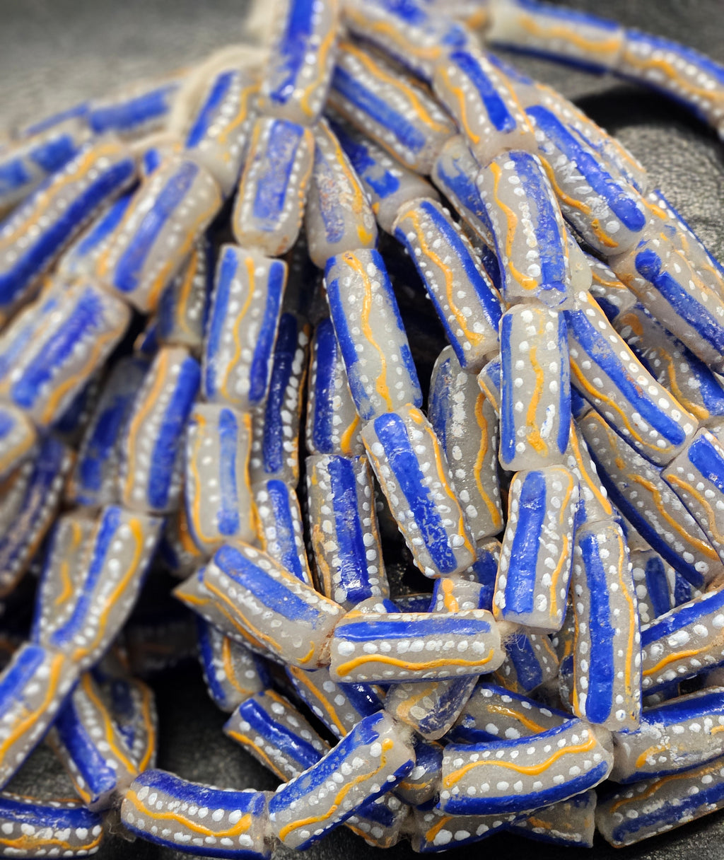 Painted African Recycled Glass Beads - Tube Beads #1501