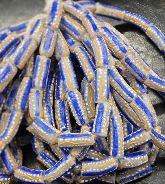 Painted African Recycled Glass Beads - Tube Beads #1501