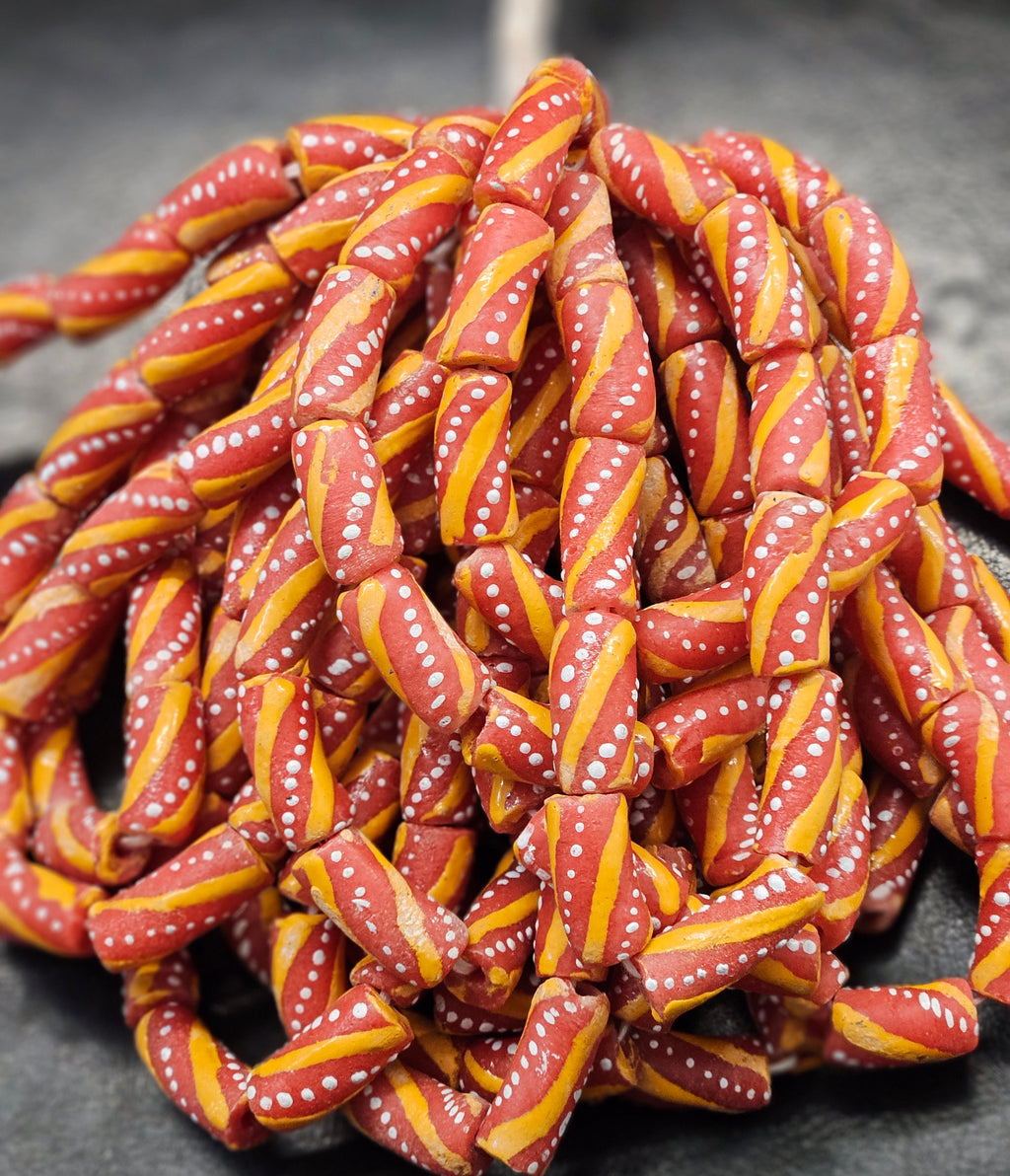 Painted African Recycled Glass Beads - Tube Beads #1506