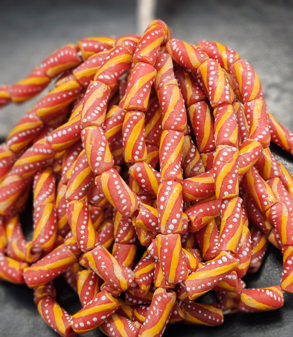 Painted African Recycled Glass Beads - Tube Beads #1506