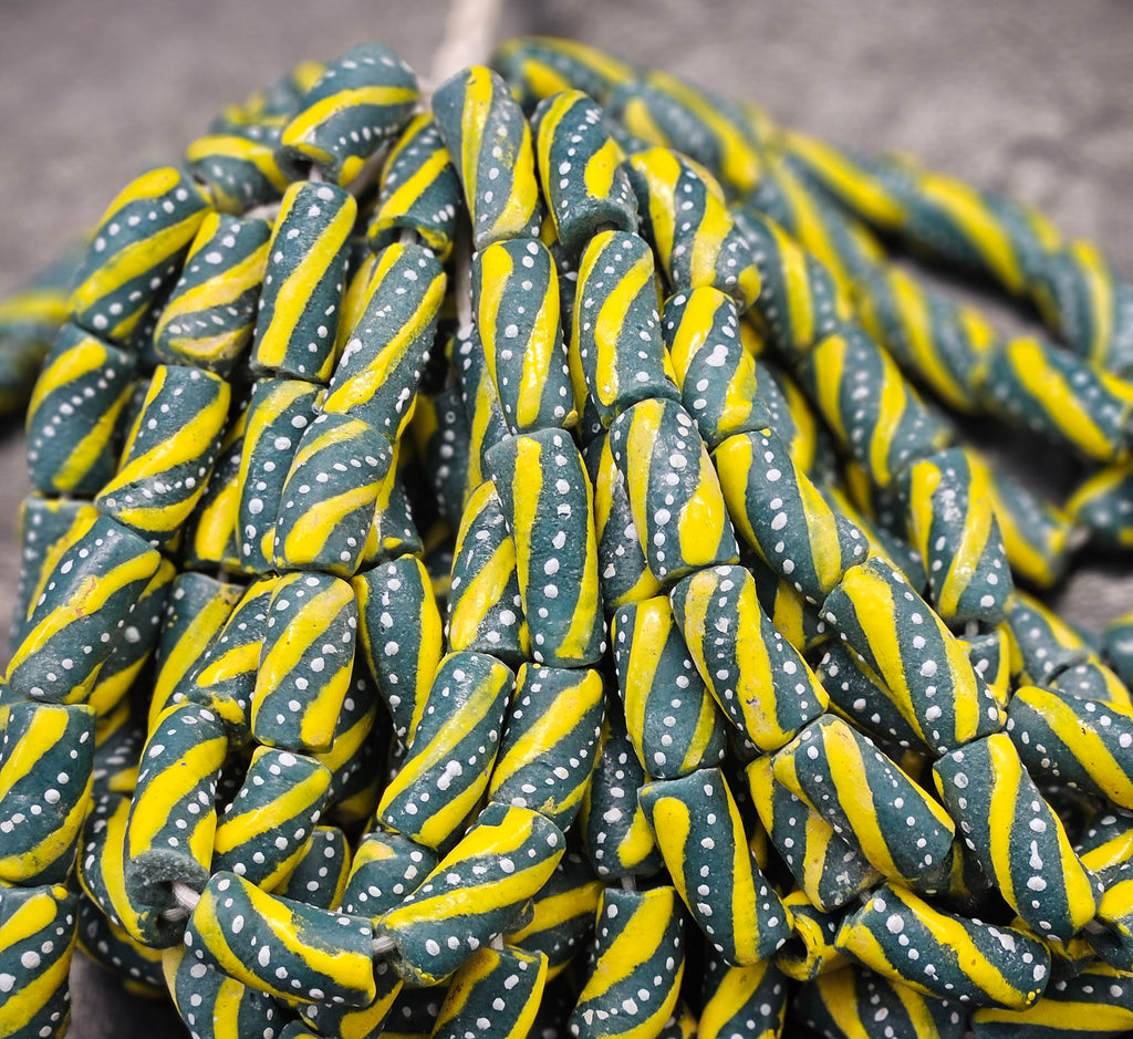 Painted African Recycled Glass Beads - Tube Beads #1508