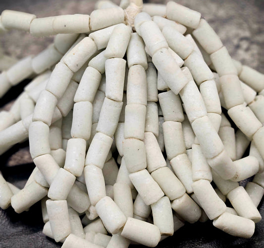 White Krobo Cylinder Beads – Ghana Recycled Glass, Large Hole (2–2.5mm), 20–26mm