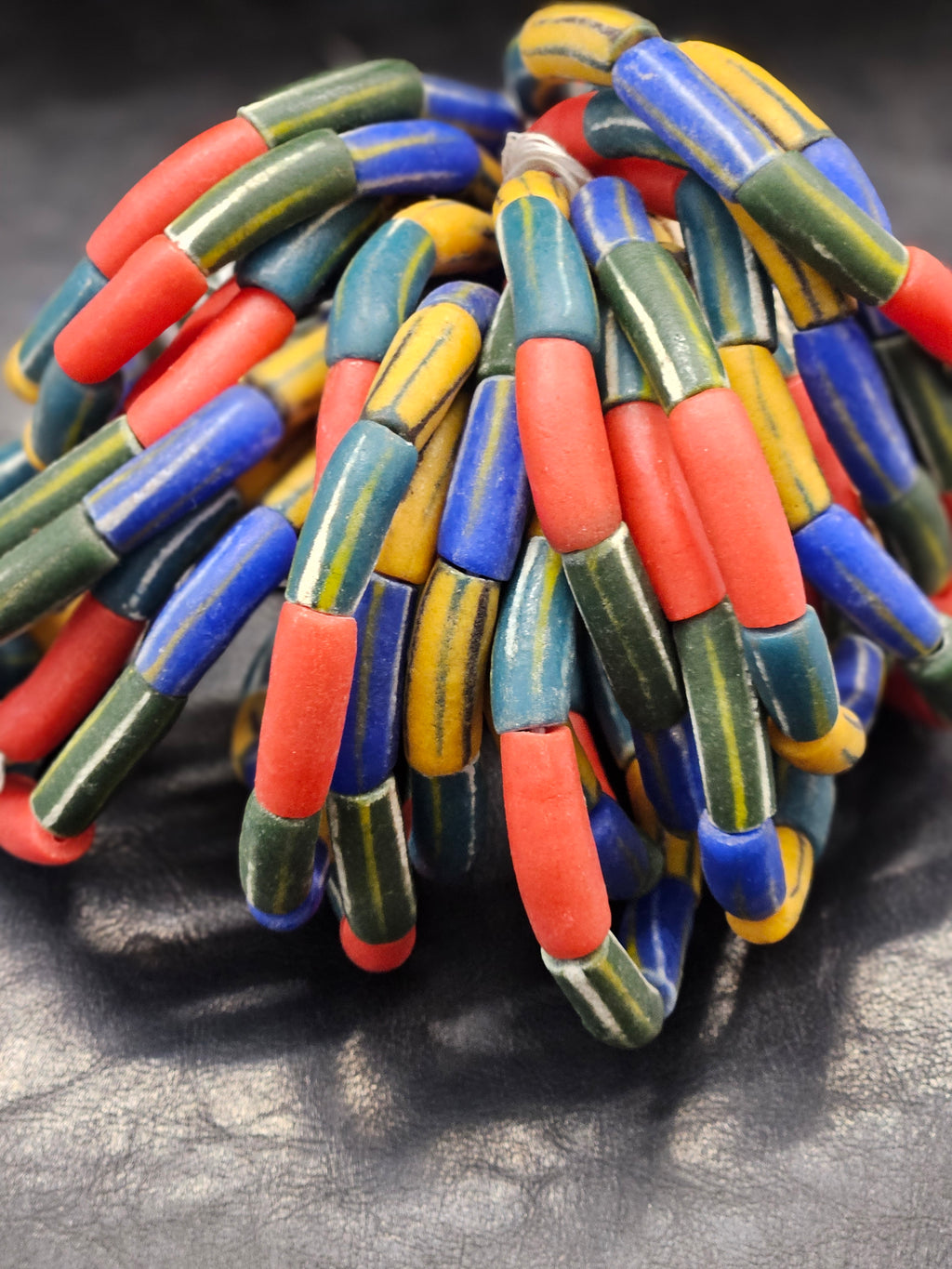 Painted African Recycled Glass Beads - Long Tube Beads #1701
