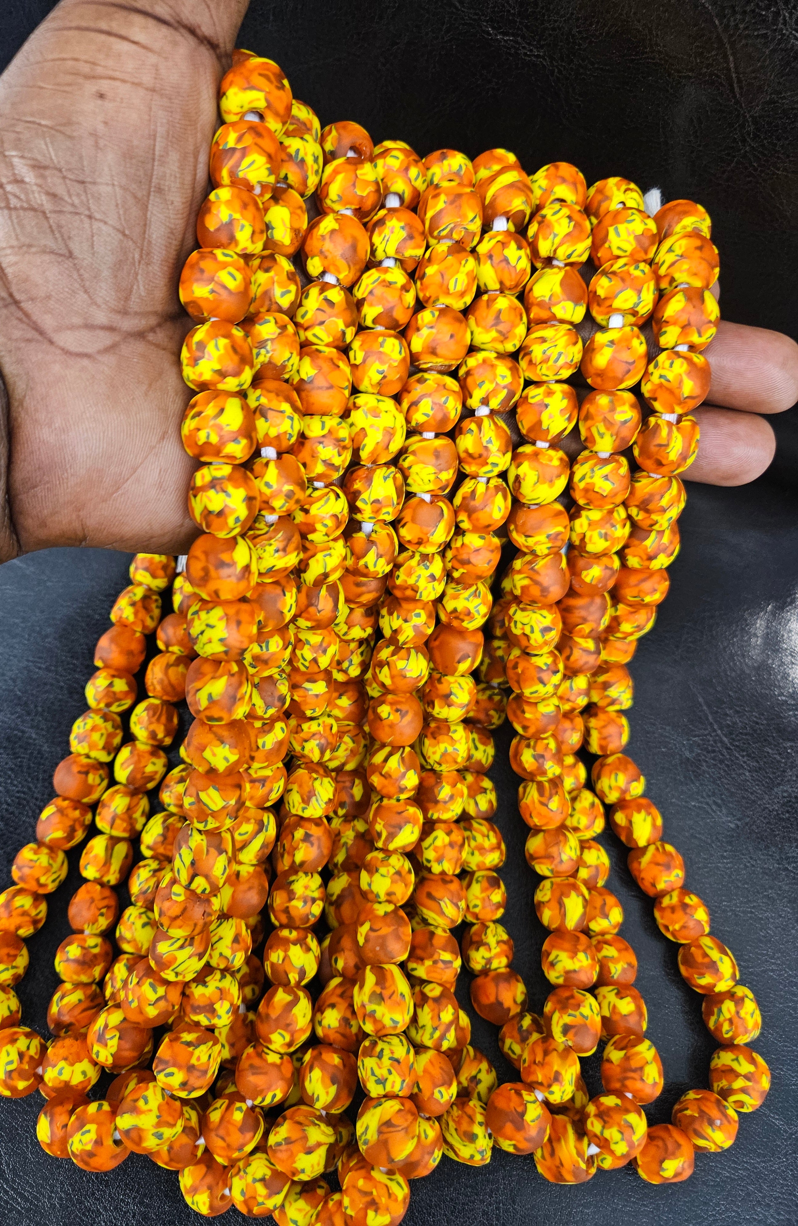 Fall Burnt Orange & Gold 12-14mm Round Krobo Recycled Glass African Beads - Designer Strand 45pc