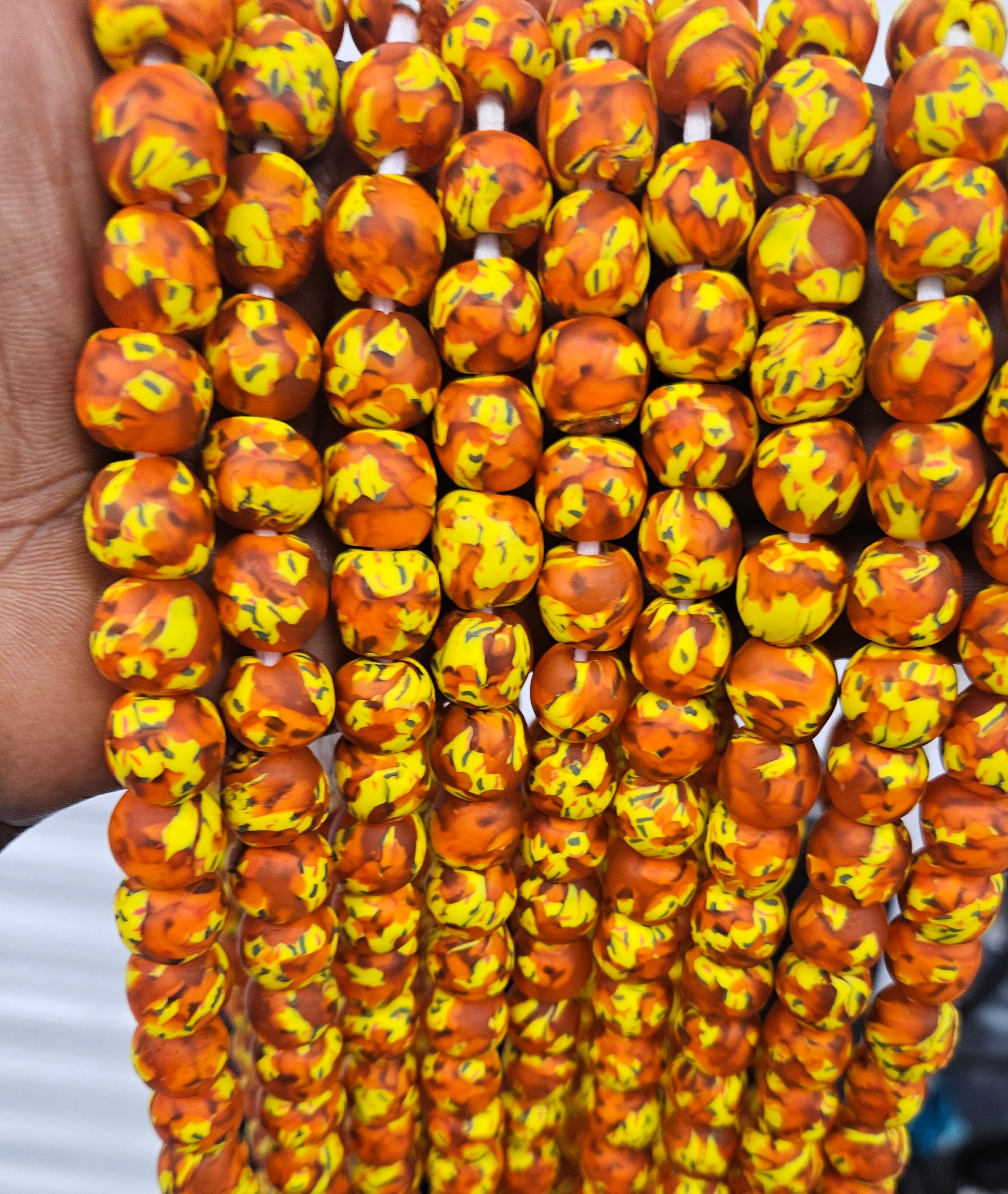 Fall Burnt Orange & Gold 12-14mm Round Krobo Recycled Glass African Beads - Designer Strand 45pc