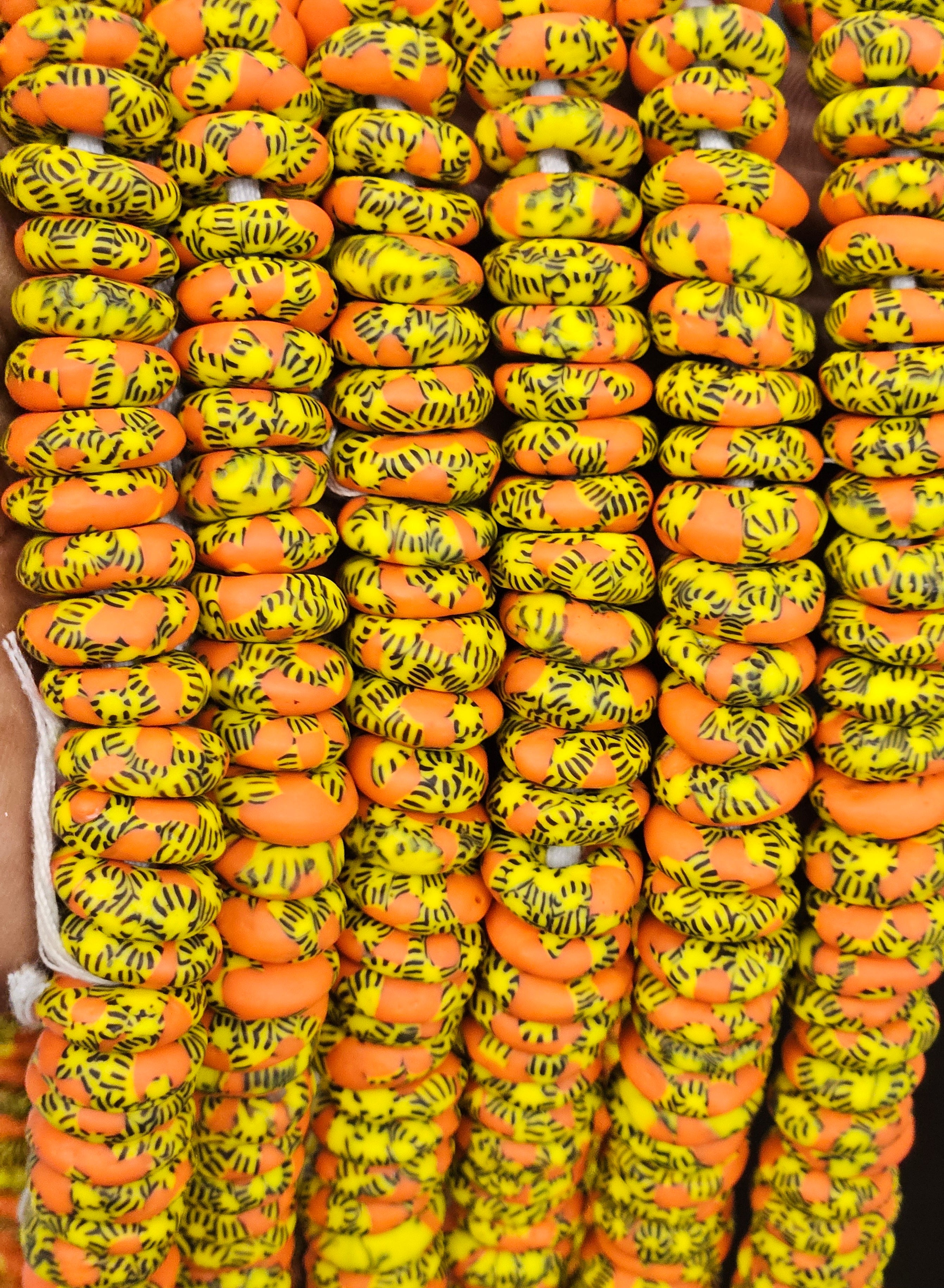 Orange & Yellow Fused Krobo Rondelle Recycled Glass Beads | 14–16 mm African Trade Beads | Handmade in Ghana