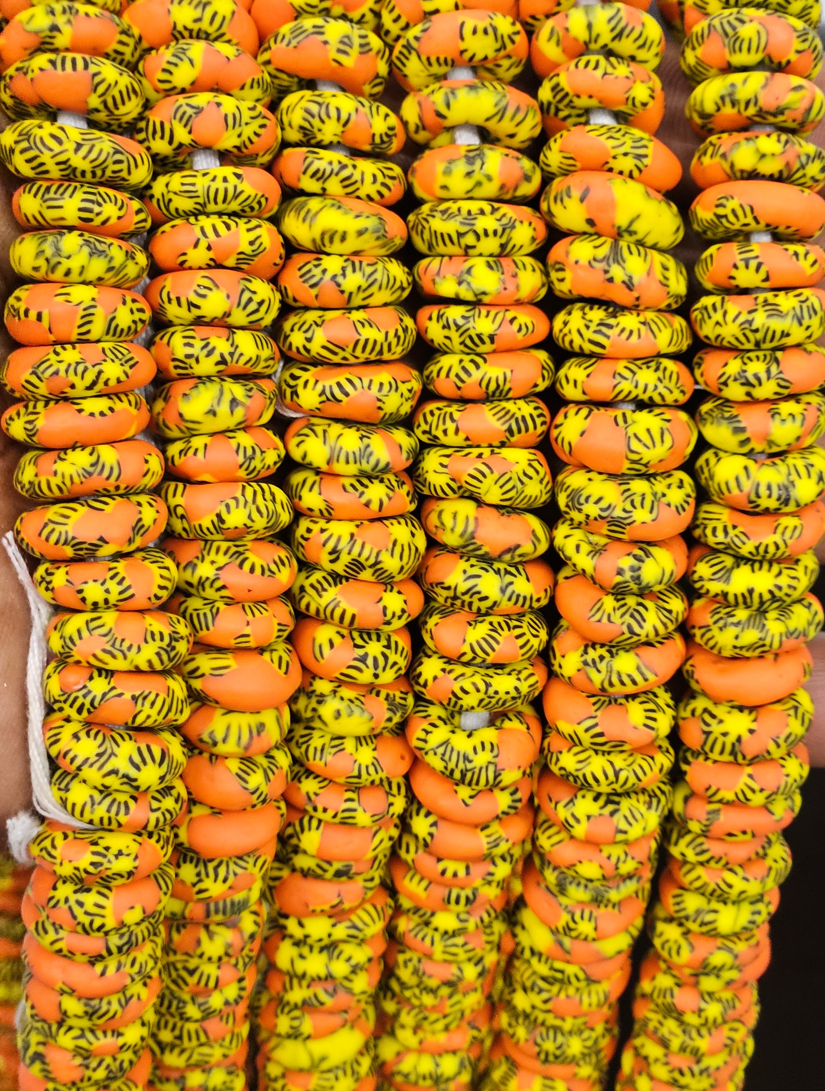 Orange & Yellow Fused Krobo Rondelle Recycled Glass Beads | 14–16 mm African Trade Beads | Handmade in Ghana