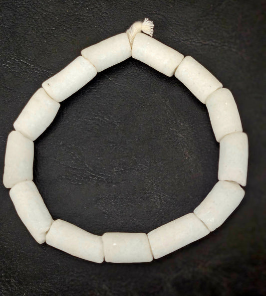 White Krobo Cylinder Beads – Ghana Recycled Glass, Large Hole (2–2.5mm), 20–26mm