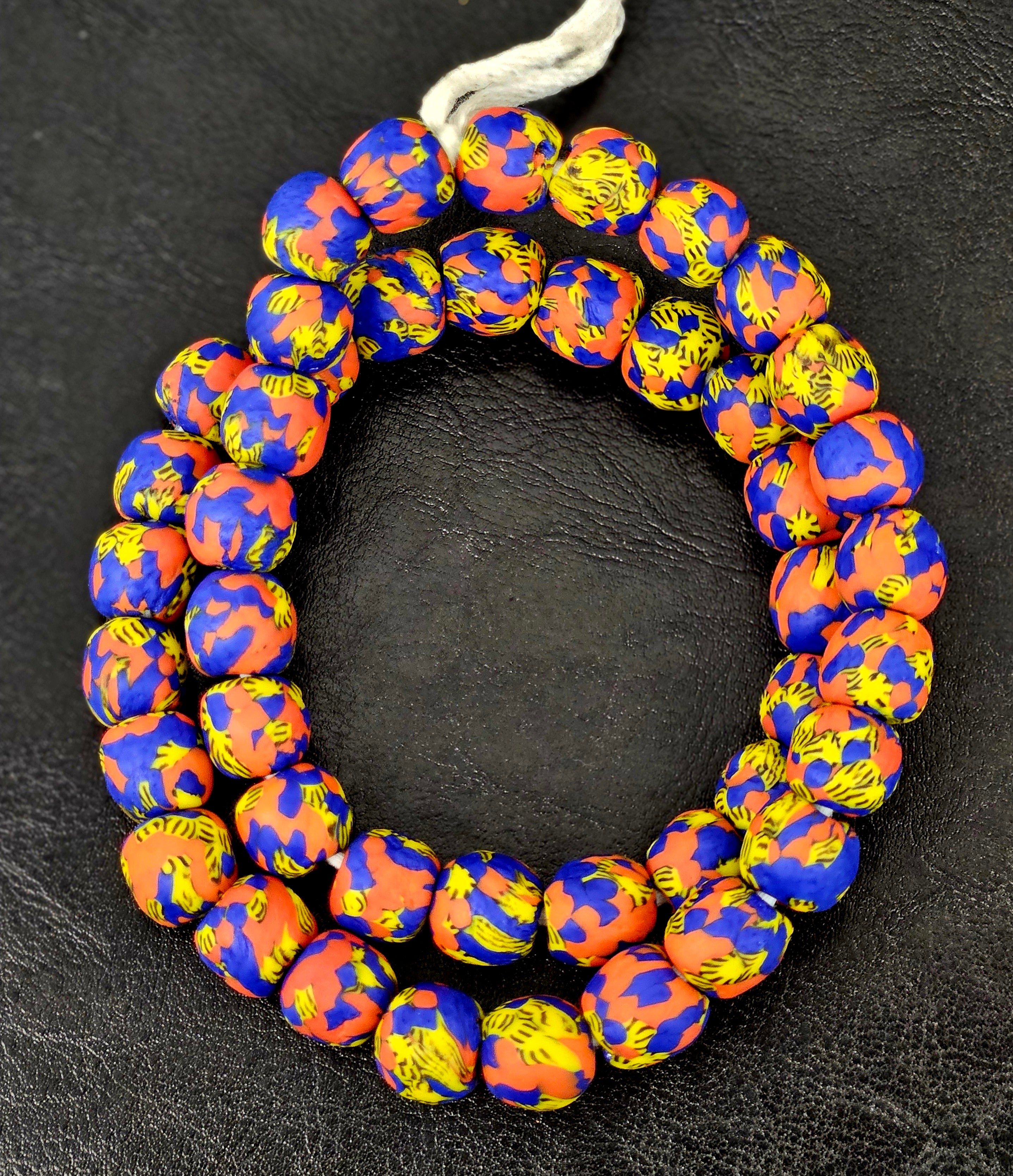 Royal Blue, Yellow & Coral Fused Krobo Recycled Glass Beads | 12–14 mm Round African Trade Beads | Handcrafted in Ghana