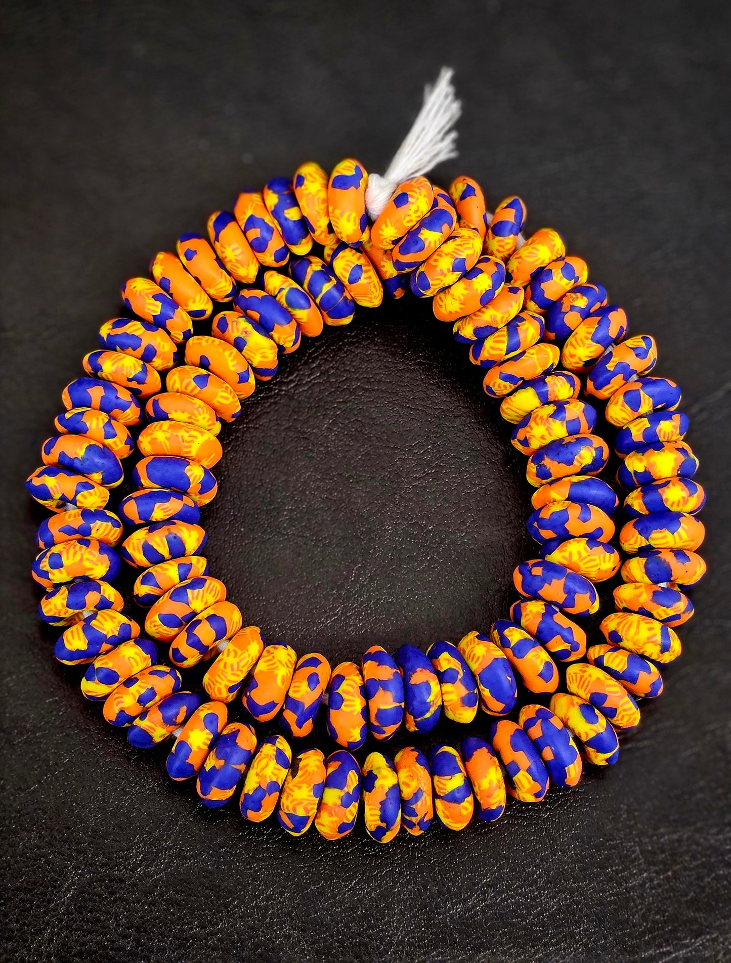 Orange, Yellow & Royal Blue Fused Krobo Rondelle Recycled Glass Beads | 14–16 mm African Trade Beads | Handcrafted in Ghana
