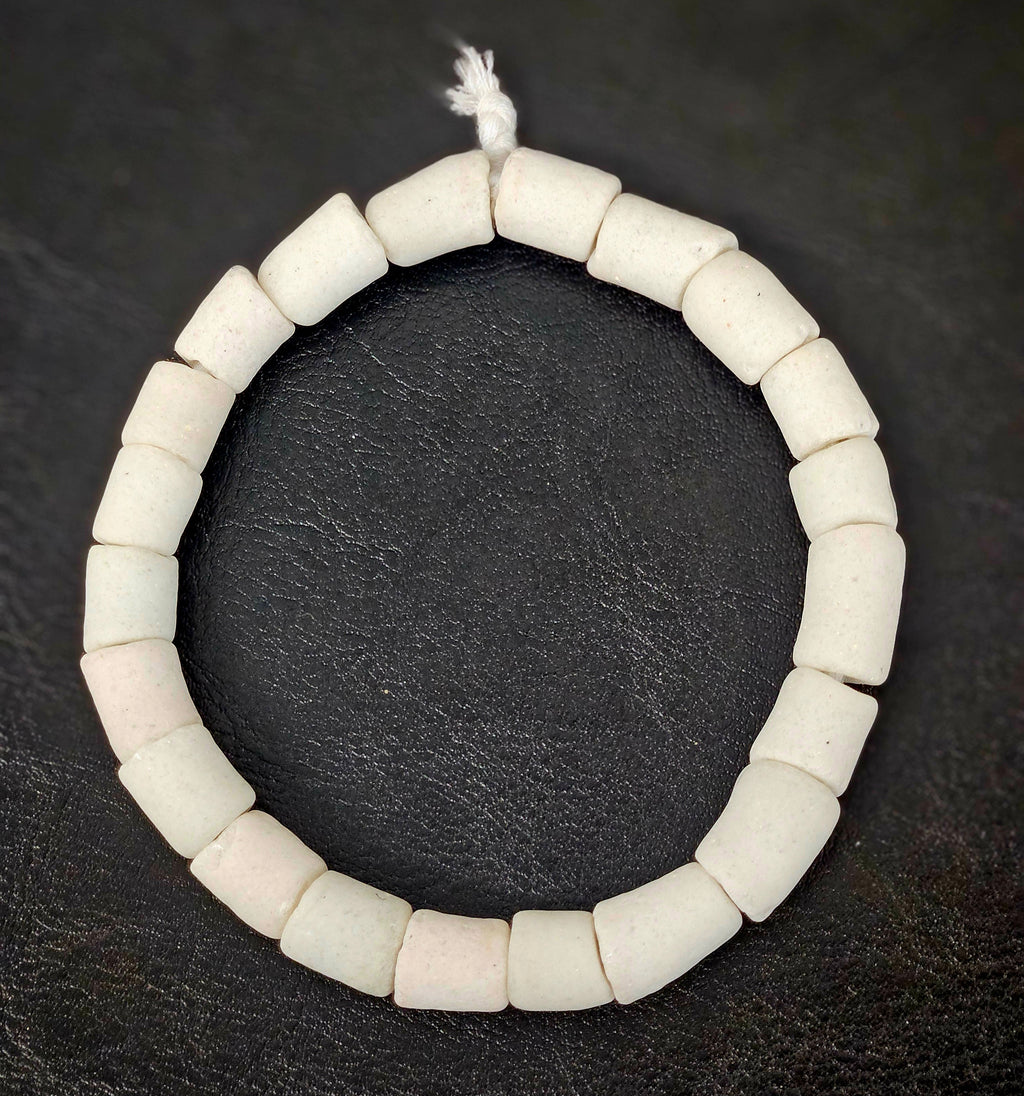 White Krobo Cylinder Beads – Recycled Glass, Large Hole (2–2.5mm), 10–12mm