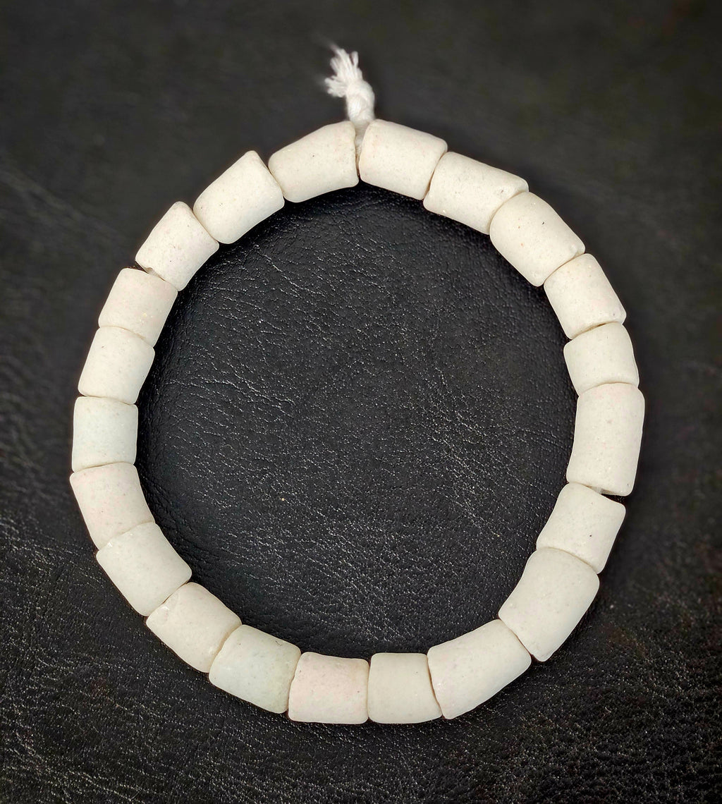 White Krobo Cylinder Beads – Recycled Glass, Large Hole (2–2.5mm), 10–12mm