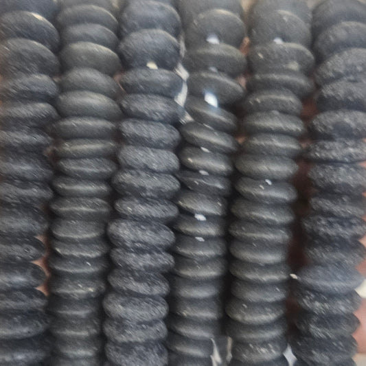 Matte Black Krobo Spacer Beads – Ghana Recycled Glass Discs, Large Hole (2.5–3mm), 13–15mm