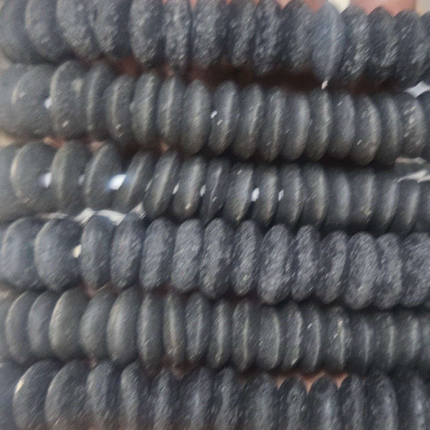 Matte Black Krobo Spacer Beads – Ghana Recycled Glass Discs, Large Hole (2.5–3mm), 13–15mm