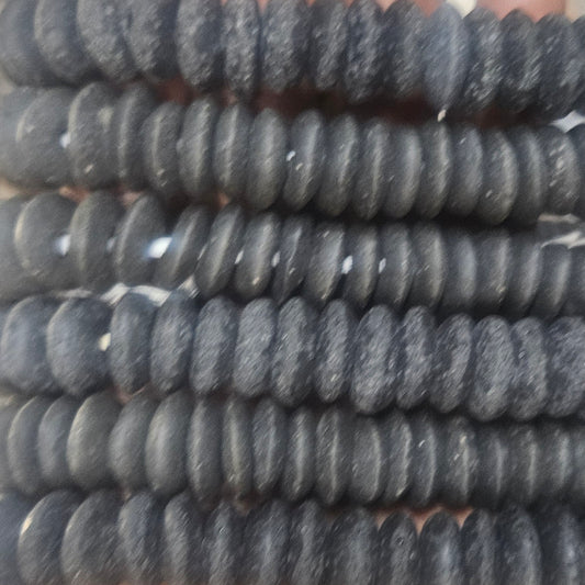 Matte Black Krobo Spacer Beads – Ghana Recycled Glass Discs, Large Hole (2.5–3mm), 13–15mm
