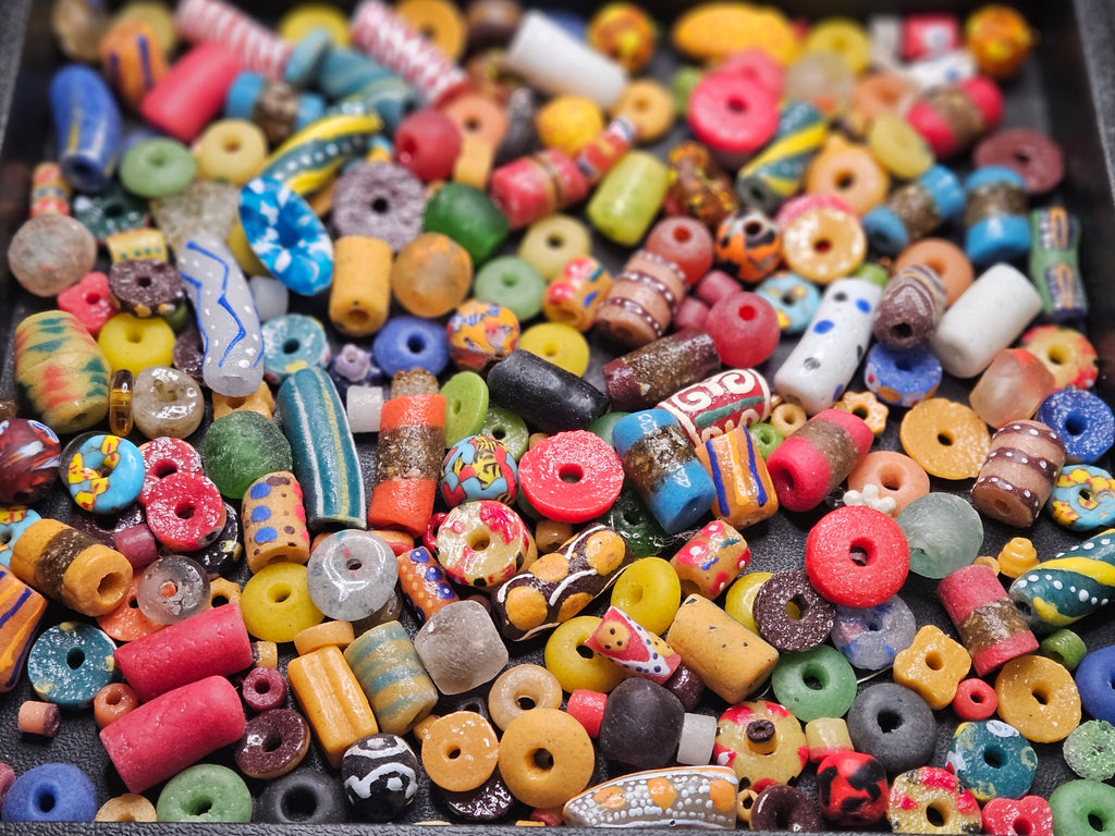 African Krobo Recycled Glass Beads Mix (Coastal Blue + Sun Yellow) — 1 Cup, 160+ Handmade Ghana Beads, 1lb | ABM501