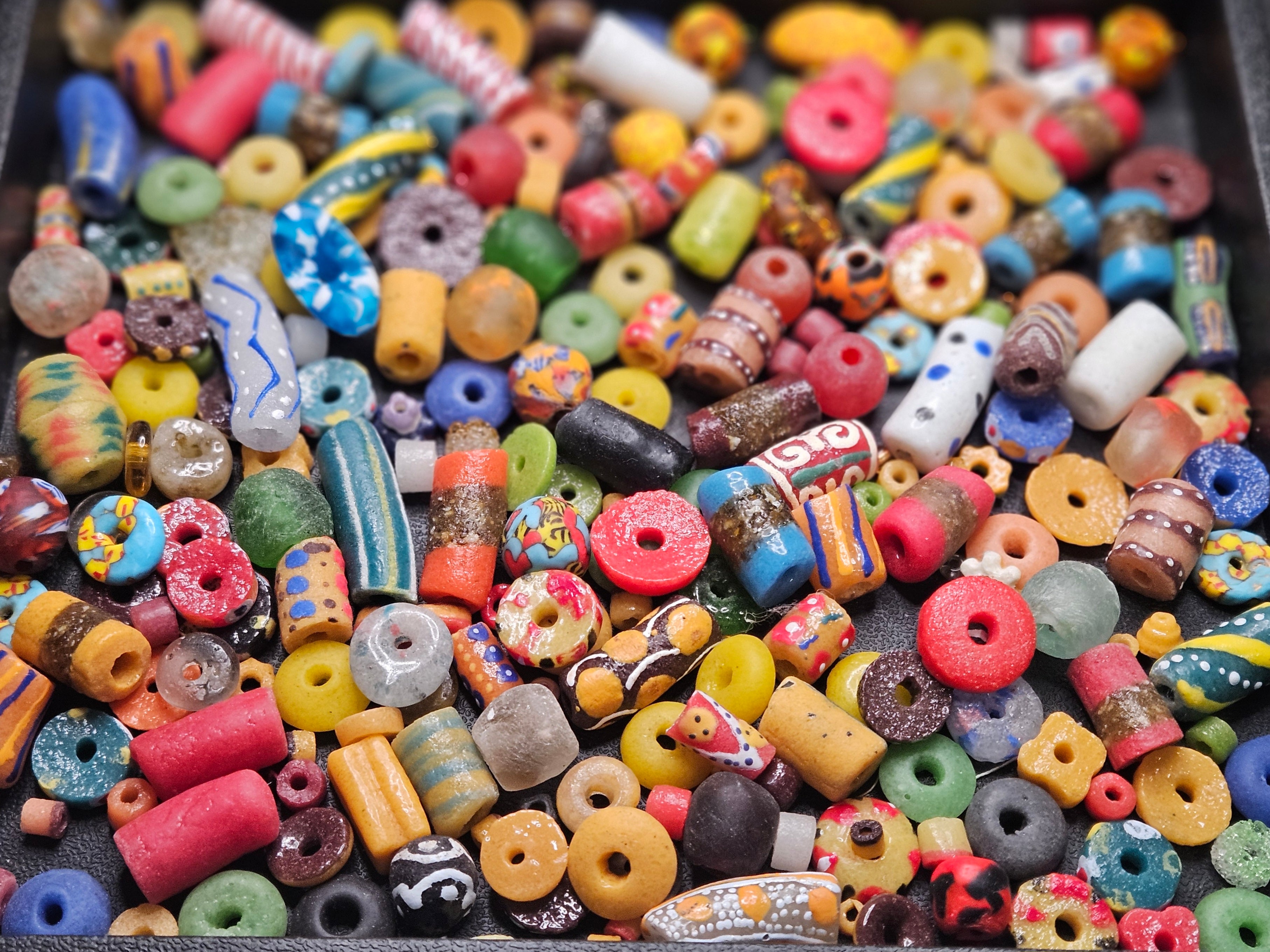 African Krobo Recycled Glass Beads Mix (Coastal Blue + Sun Yellow) — 1 Cup, 160+ Handmade Ghana Beads, 1lb | ABM501