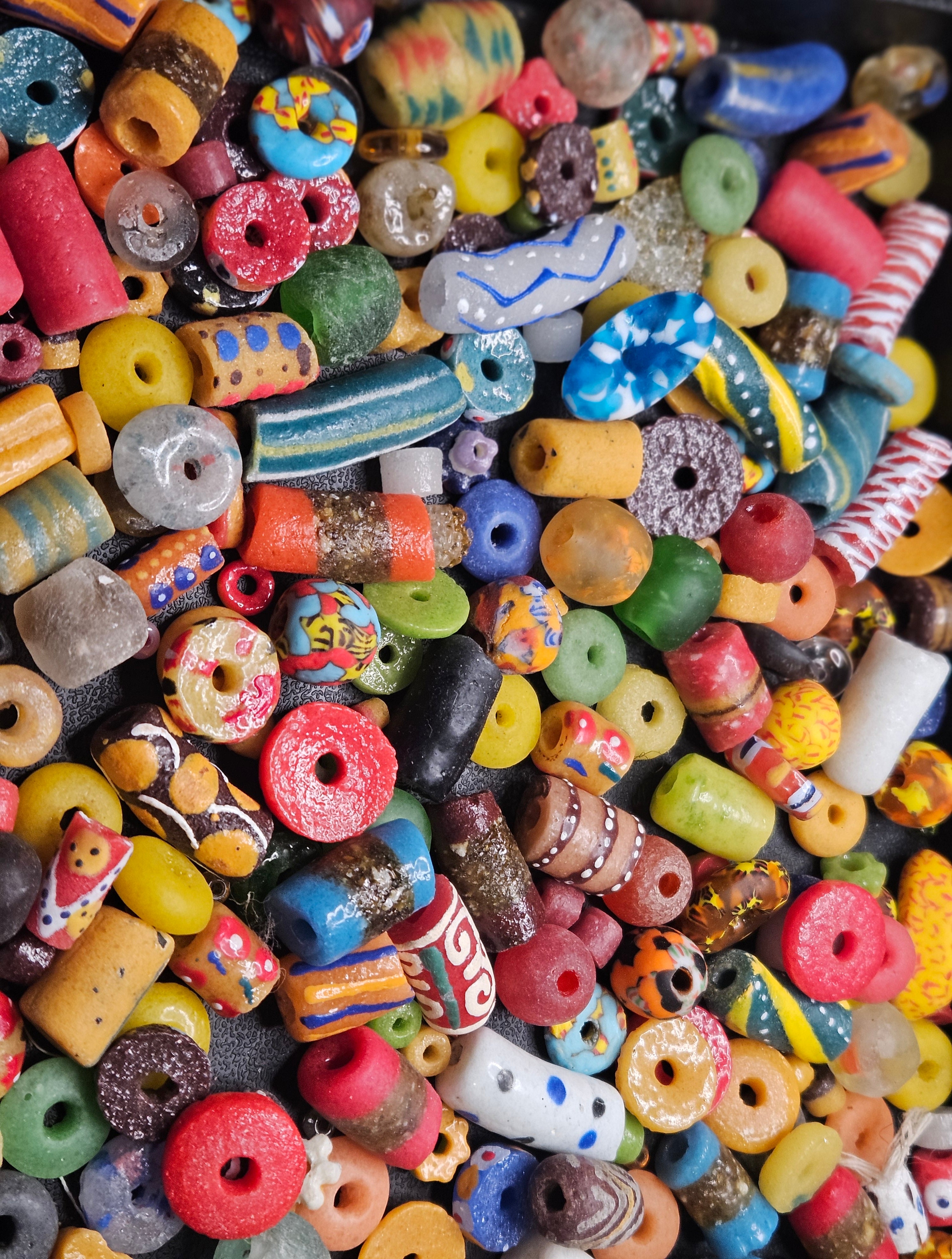 African Krobo Recycled Glass Beads Mix (Coastal Blue + Sun Yellow) — 1 Cup, 160+ Handmade Ghana Beads, 1lb | ABM501