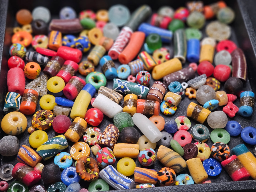 African Krobo Recycled Glass Beads Mix (Festival Red + Sun Yellow + Cobalt) — 1 Cup, 160+ Handmade Ghana Beads, 1lb | ABM502