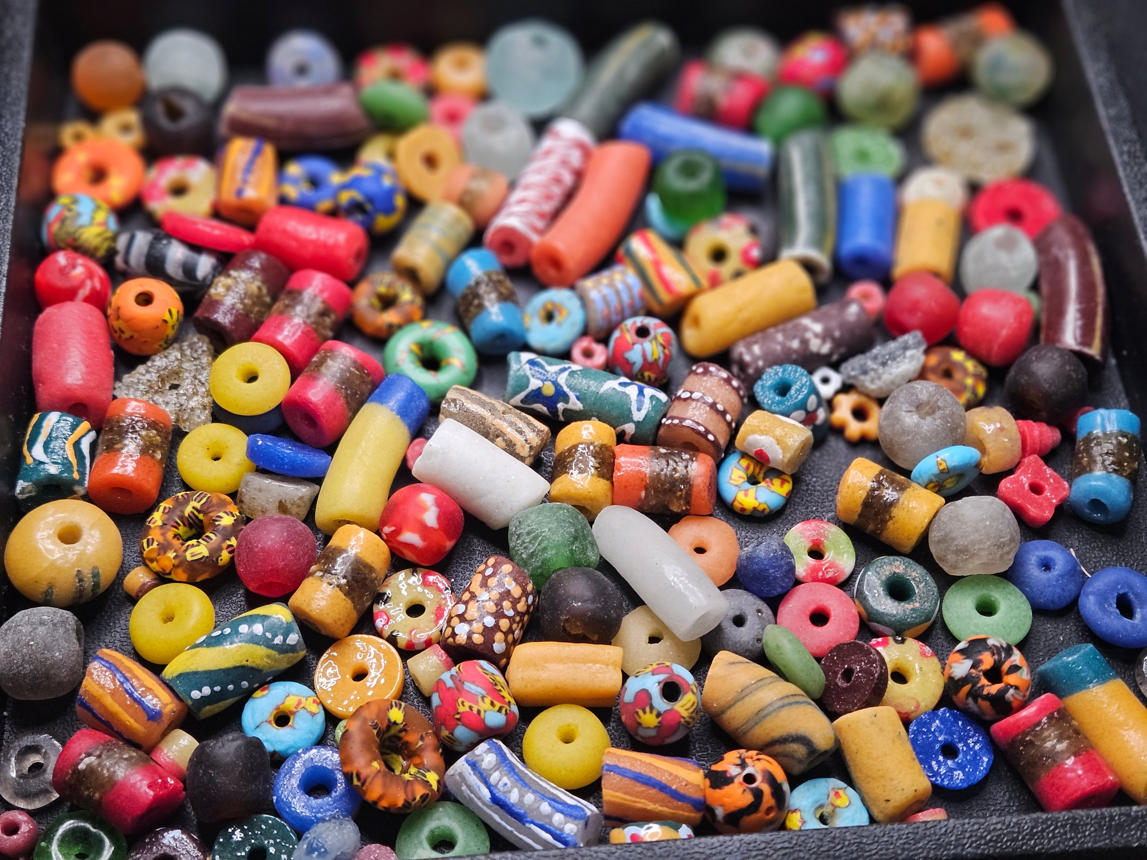 African Krobo Recycled Glass Beads Mix (Festival Red + Sun Yellow + Cobalt) — 1 Cup, 160+ Handmade Ghana Beads, 1lb | ABM502