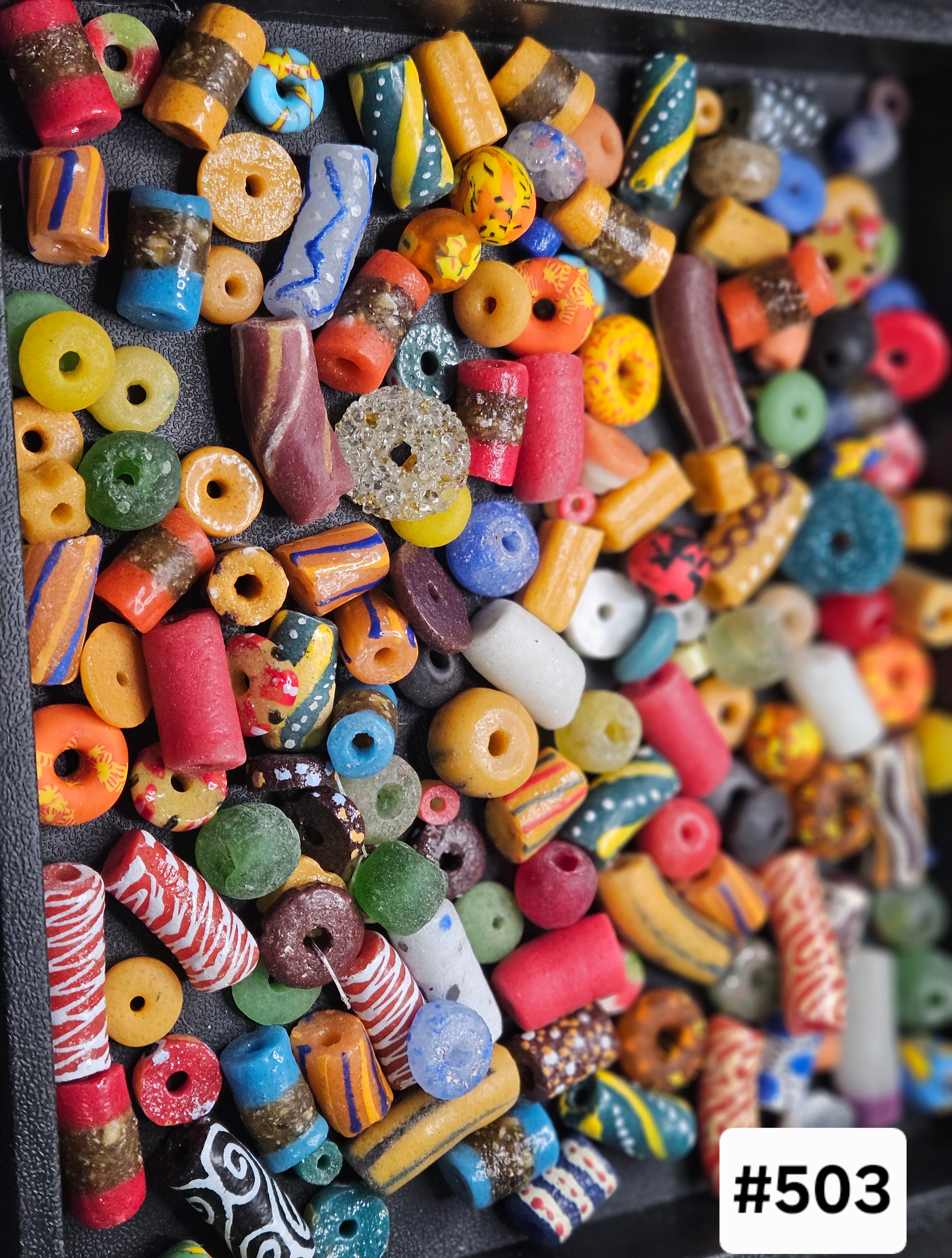 African Krobo Recycled Glass Beads Mix (Forest Green + Sun Gold) — 1 Cup, 160+ Handmade Ghana Beads, 1lb | ABM503