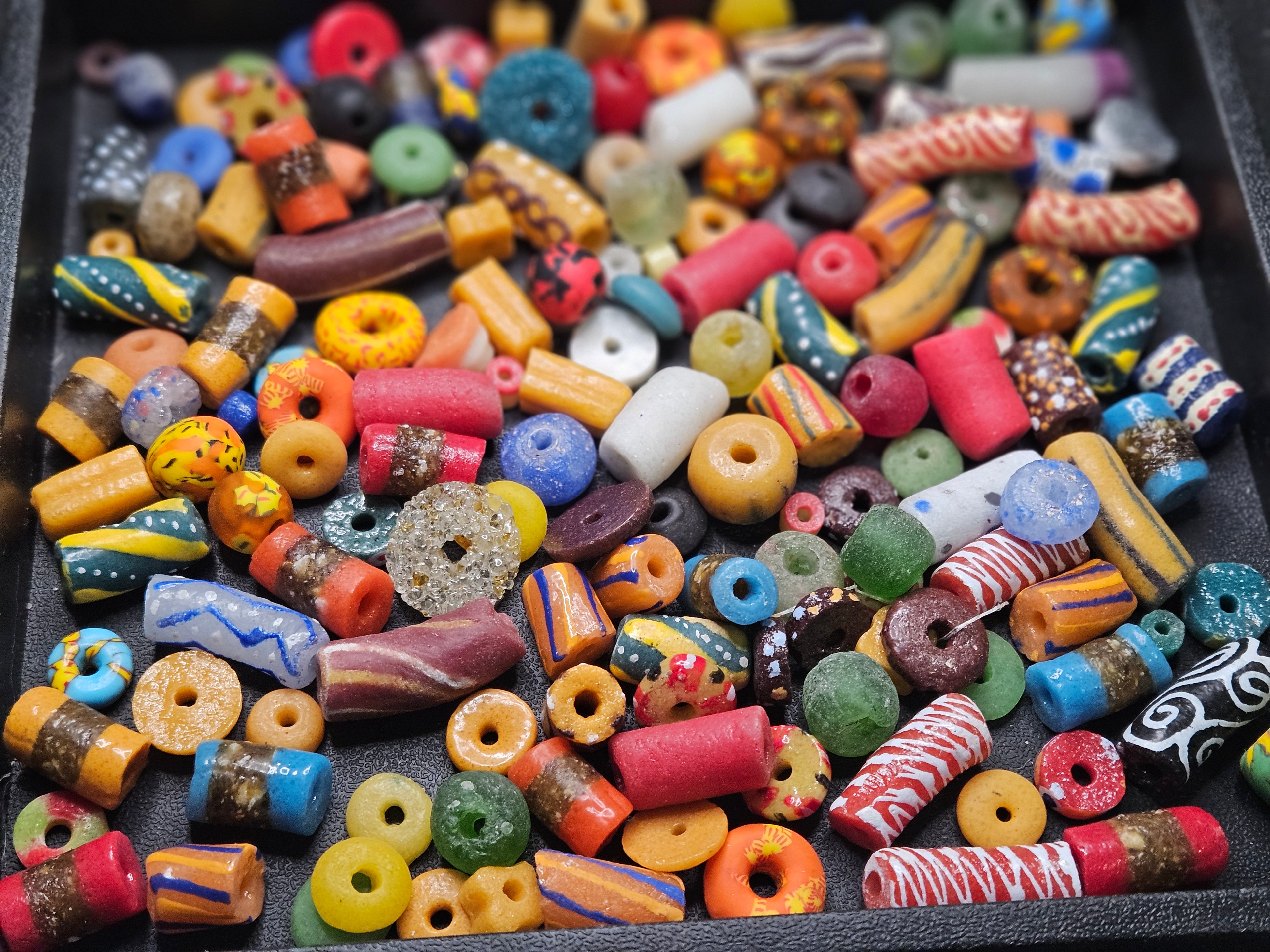 African Krobo Recycled Glass Beads Mix (Forest Green + Sun Gold) — 1 Cup, 160+ Handmade Ghana Beads, 1lb | ABM503