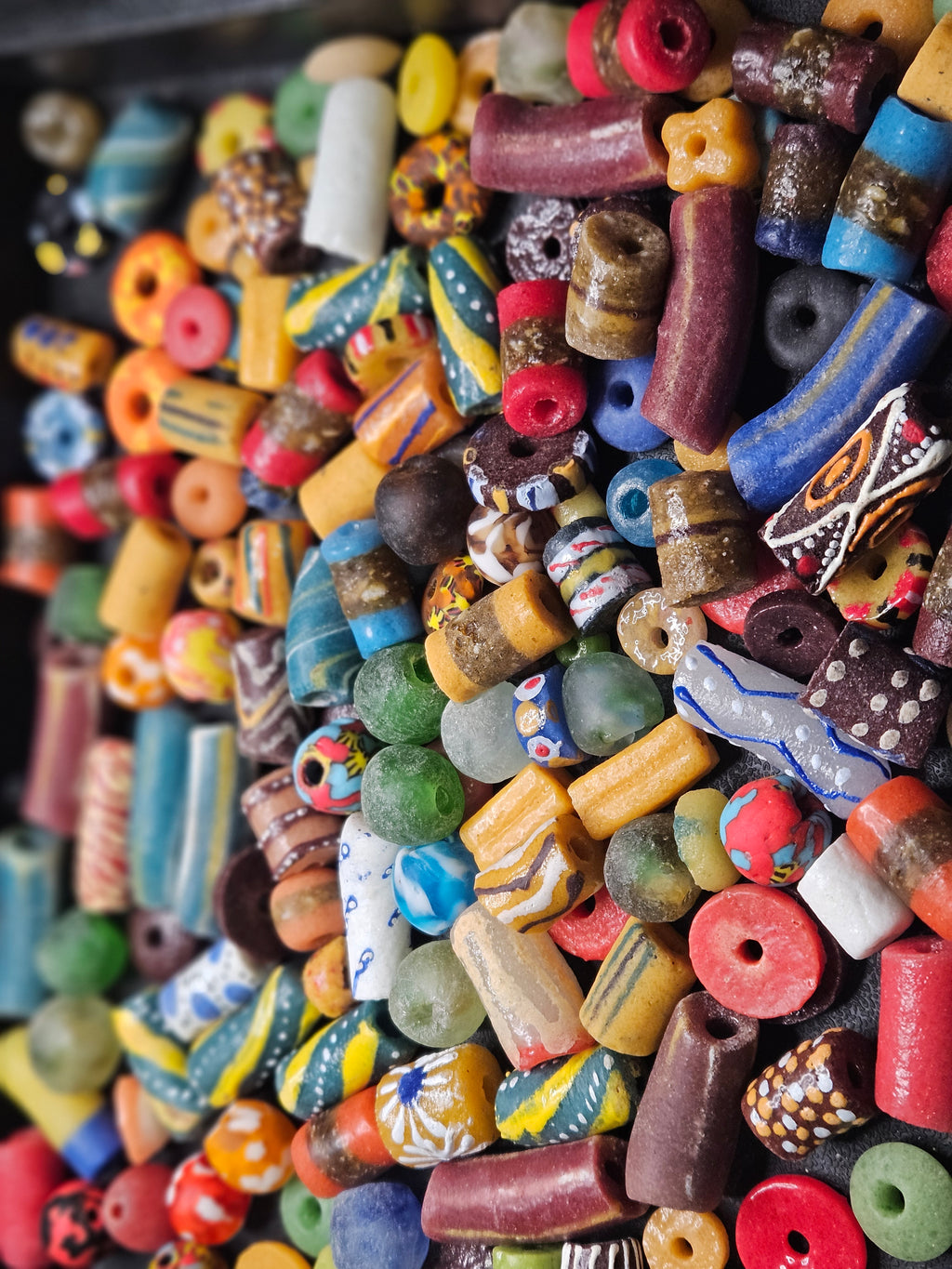 African Krobo Recycled Glass Beads Mix (Sunset + Indigo) — 1 Cup, 160+ Handmade Ghana Beads, 1lb | ABM504