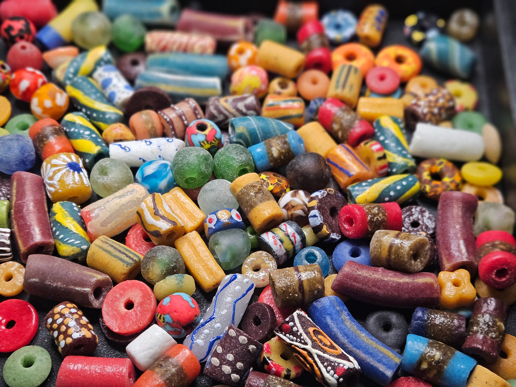 African Krobo Recycled Glass Beads Mix (Sunset + Indigo) — 1 Cup, 160+ Handmade Ghana Beads, 1lb | ABM504