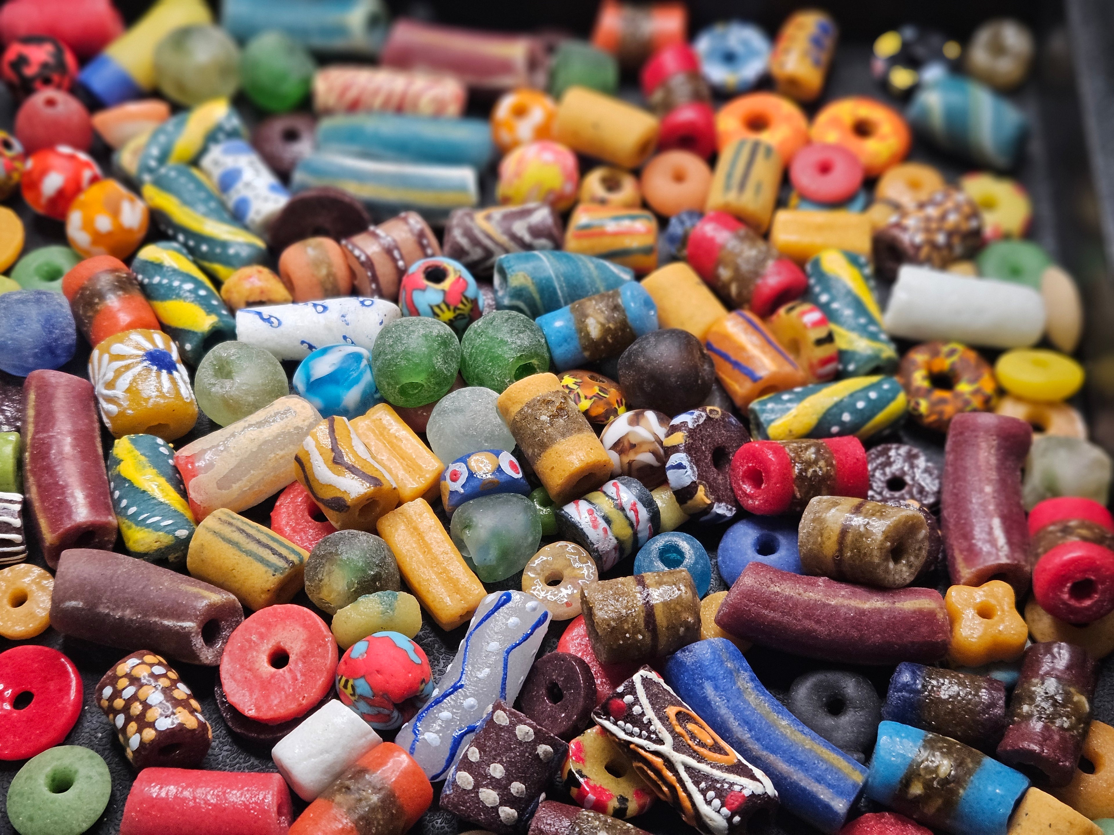 African Krobo Recycled Glass Beads Mix (Sunset + Indigo) — 1 Cup, 160+ Handmade Ghana Beads, 1lb | ABM504