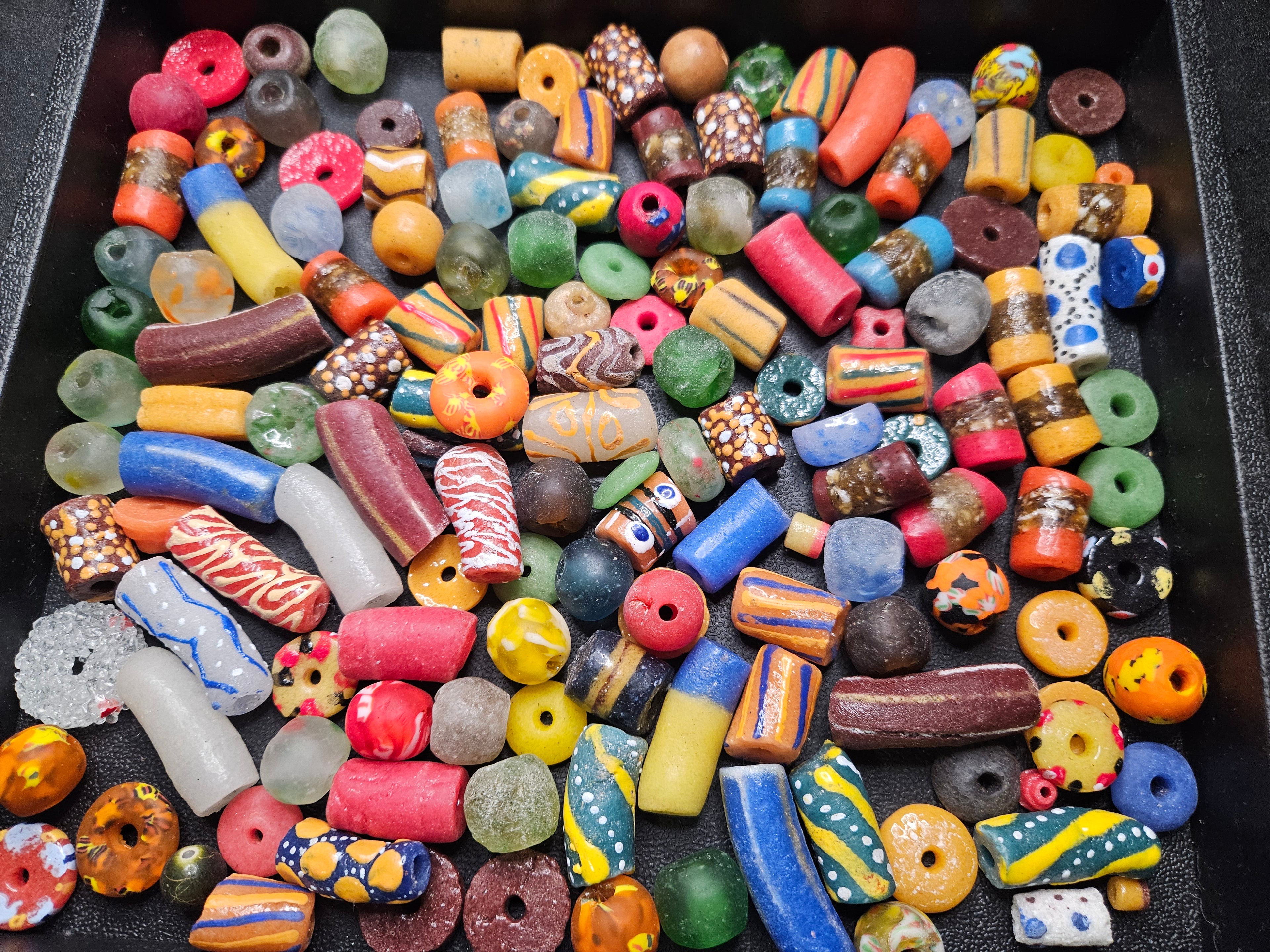 African Krobo Recycled Glass Beads Mix (Green + Earth Tones) — 1 Cup, 160+ Handmade Ghana Beads, 1lb+ | ABM505