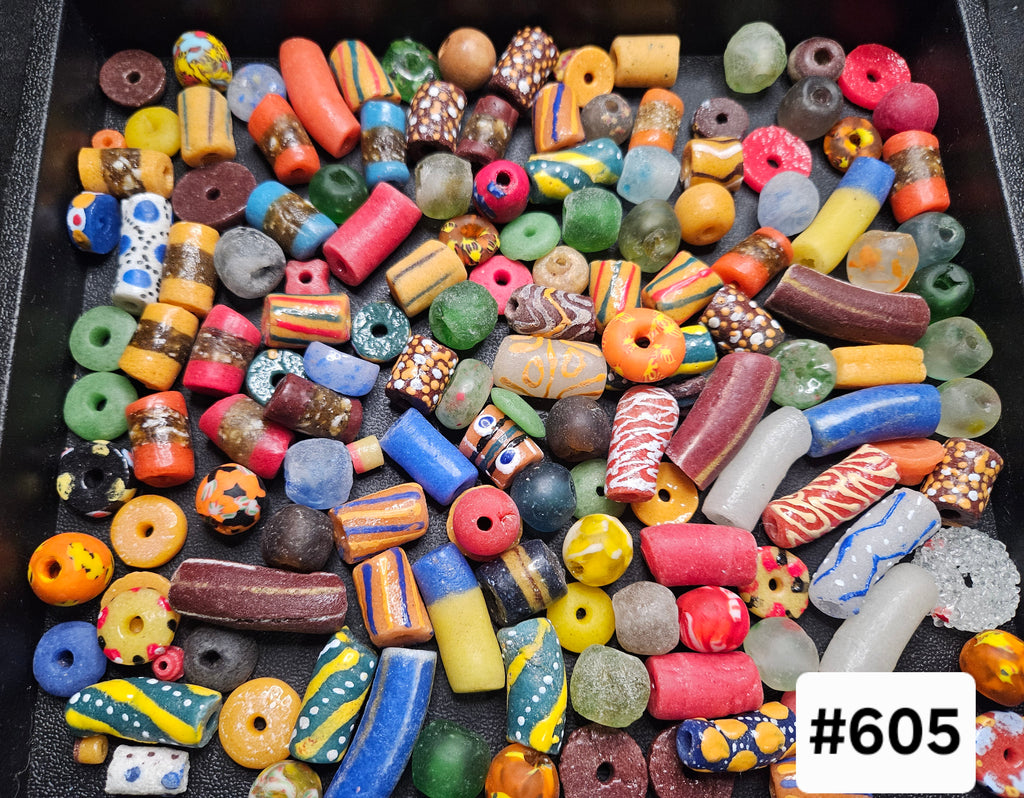 African Krobo Recycled Glass Beads Mix (Green + Earth Tones) — 1 Cup, 160+ Handmade Ghana Beads, 1lb+ | ABM505