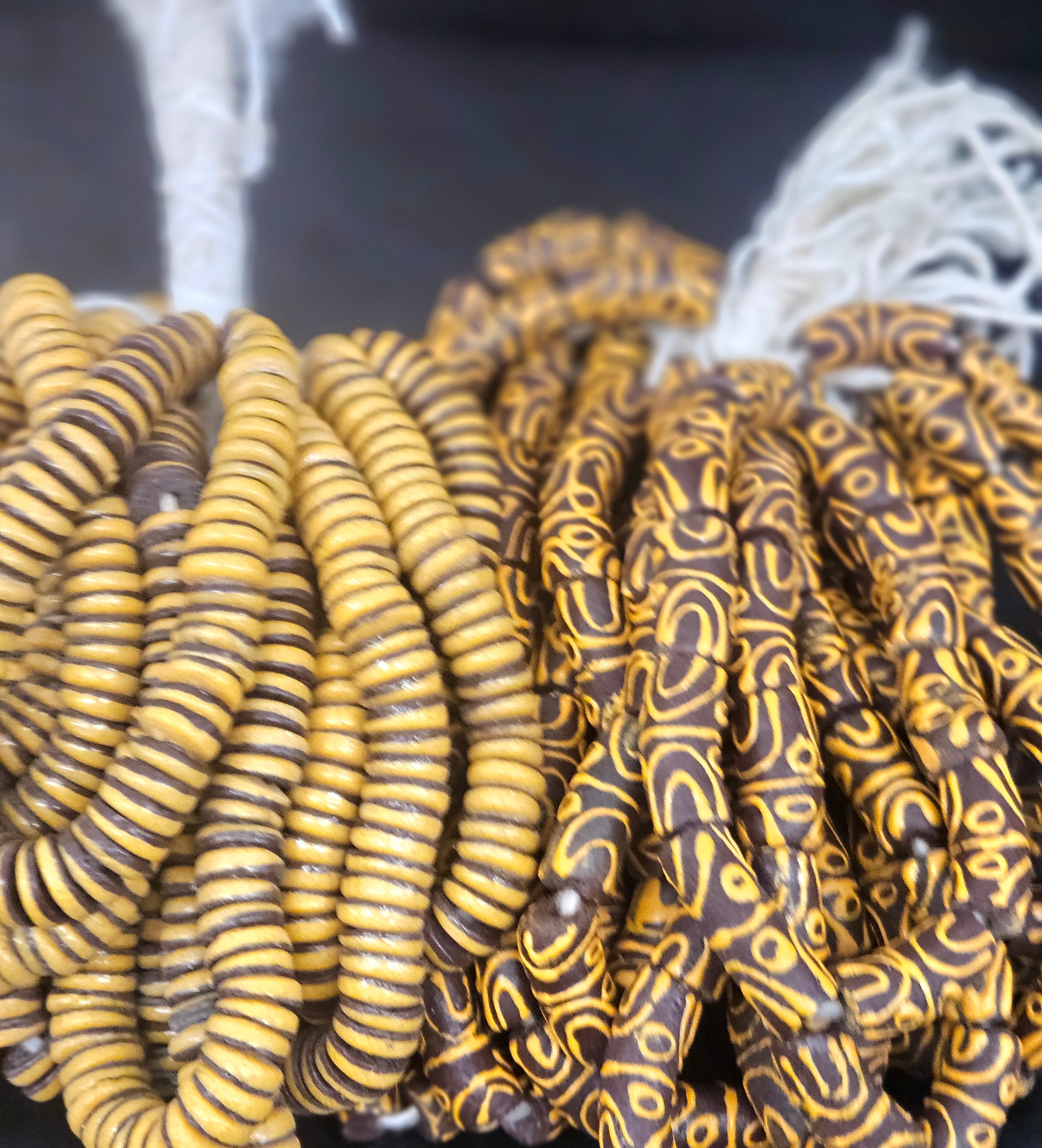Krobo Painted Glass Tube Beads, Espresso Brown & Golden Ochre, Handmade Recycled Glass Beads from Ghana