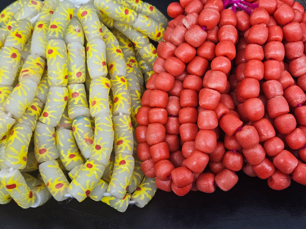 Ivory Painted Krobo Glass Tube Beads | Recycled African Glass Beads | Ghana | Aadampo