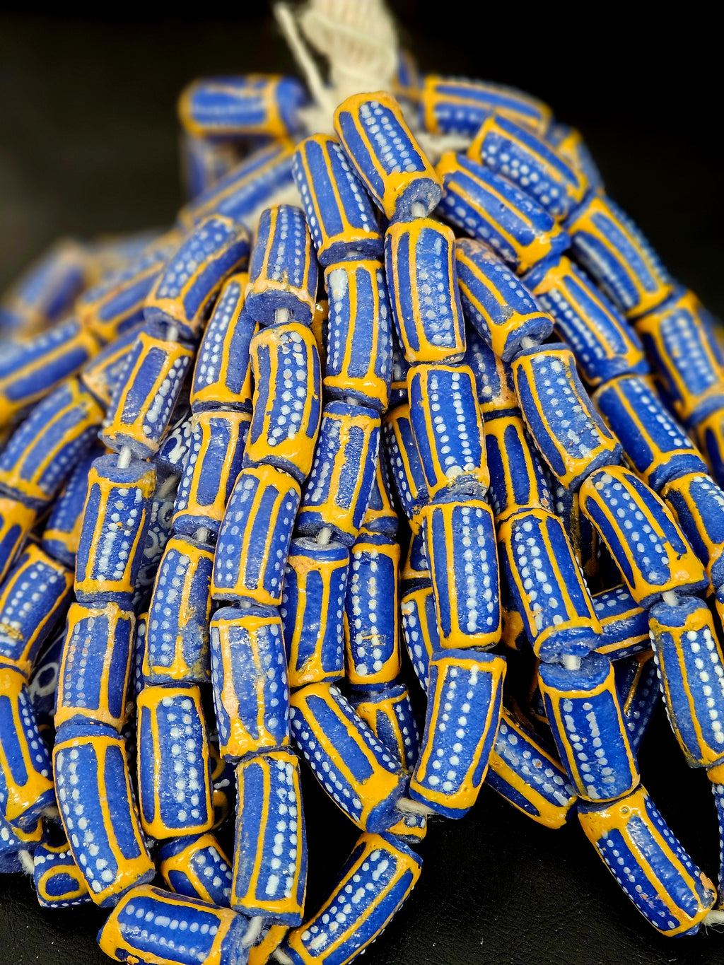 Royal Blue Krobo Painted Glass Tube Beads with Golden Yellow Borders | Handcrafted Recycled Glass from Ghana