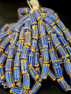 Royal Blue Krobo Painted Glass Tube Beads with Golden Yellow Borders | Handcrafted Recycled Glass from Ghana