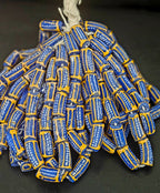 Royal Blue Krobo Painted Glass Tube Beads with Golden Yellow Borders | Handcrafted Recycled Glass from Ghana