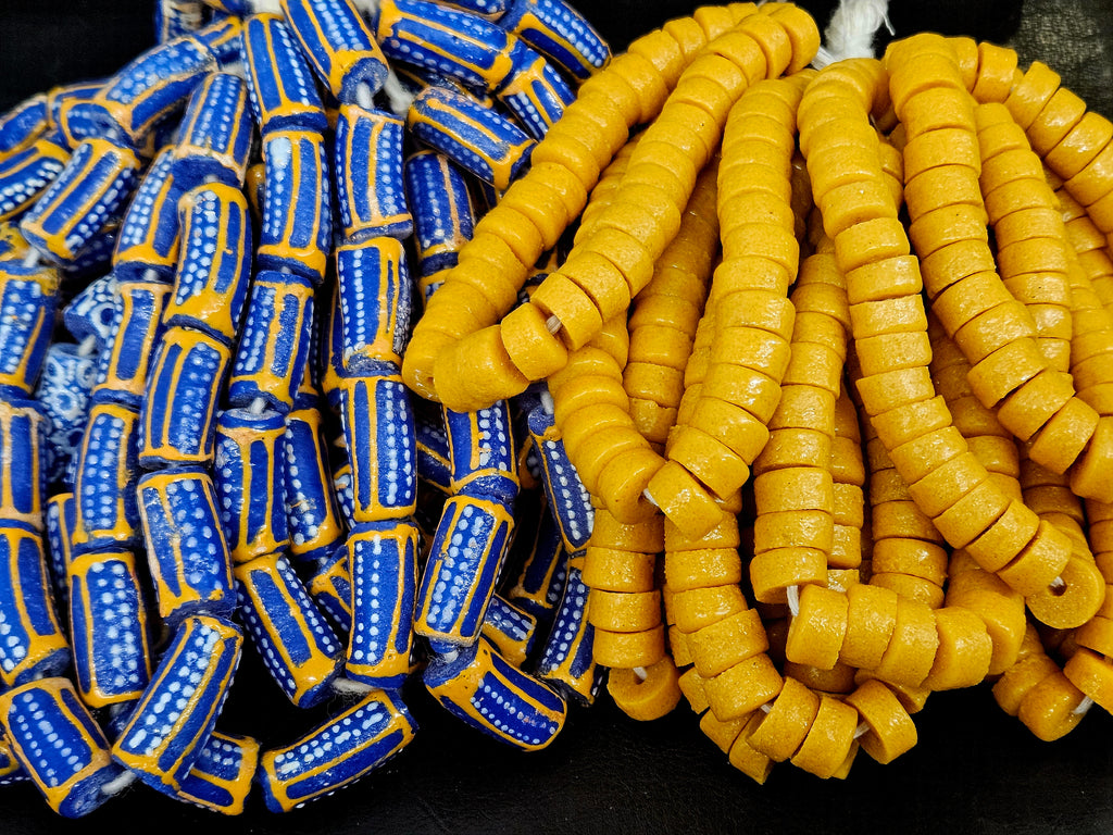 Royal Blue Krobo Painted Glass Tube Beads with Golden Yellow Borders | Handcrafted Recycled Glass from Ghana