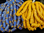 Royal Blue Krobo Painted Glass Tube Beads with Golden Yellow Borders | Handcrafted Recycled Glass from Ghana