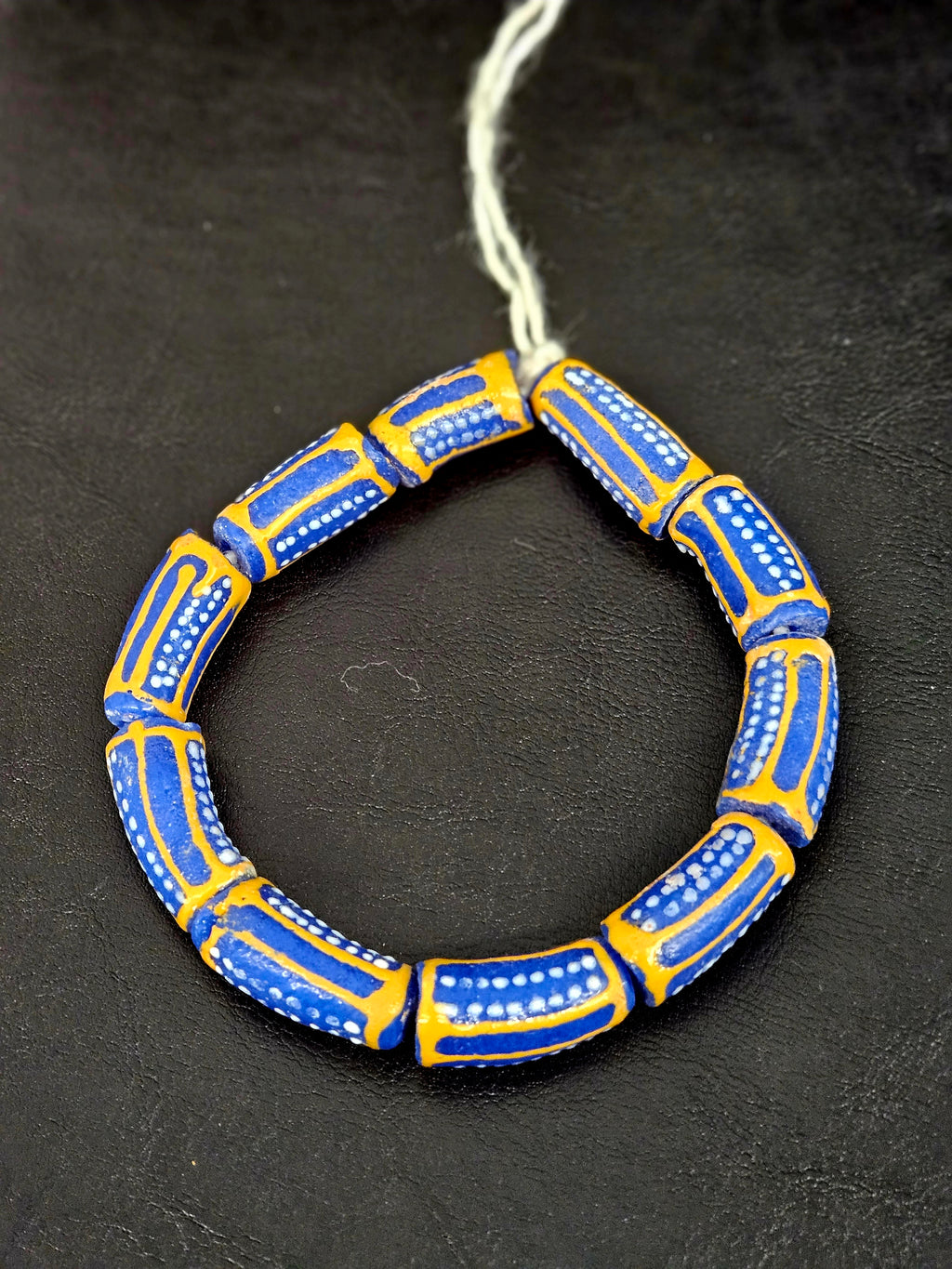 Royal Blue Krobo Painted Glass Tube Beads with Golden Yellow Borders | Handcrafted Recycled Glass from Ghana