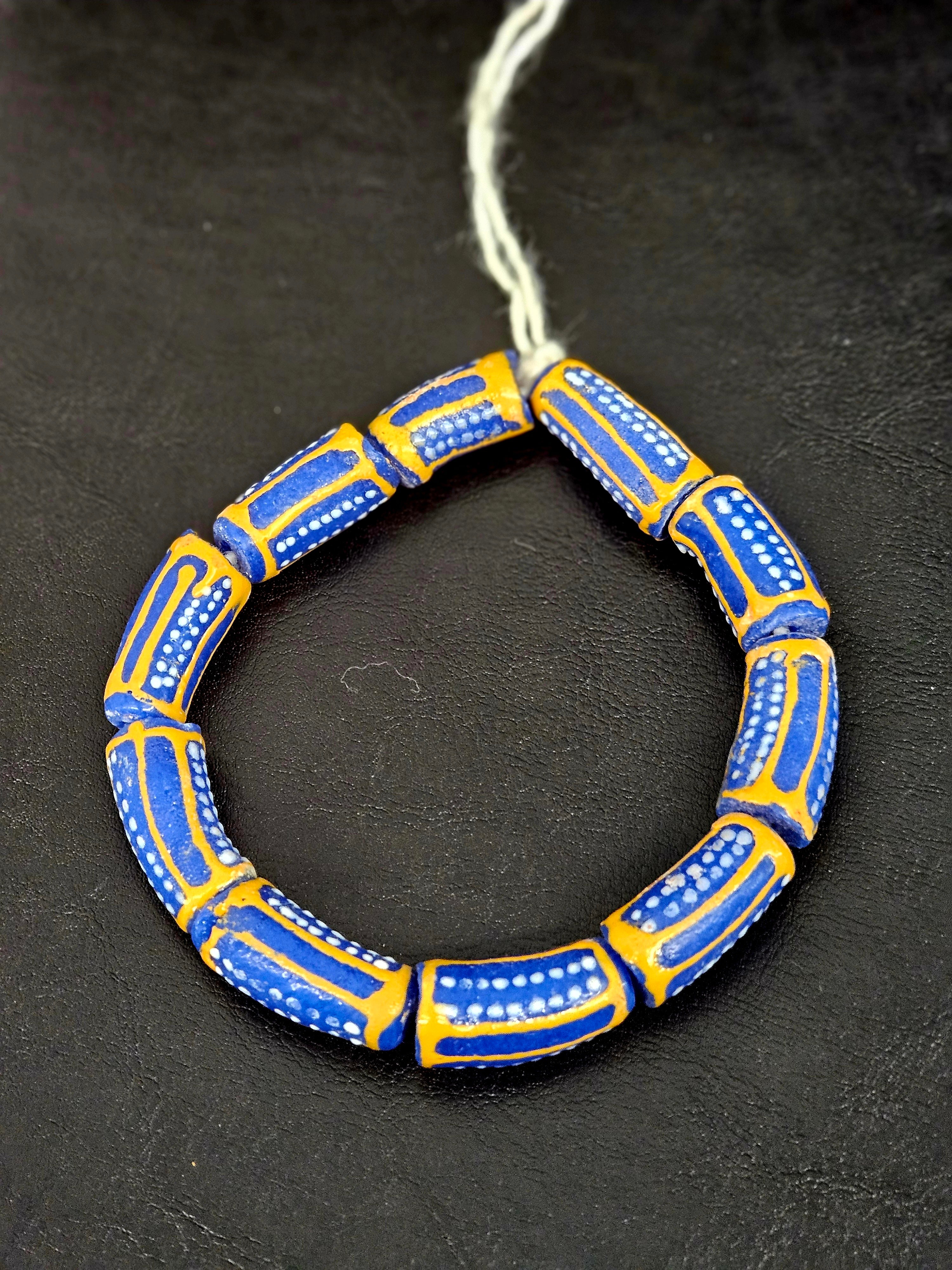 Royal Blue Krobo Painted Glass Tube Beads with Golden Yellow Borders | Handcrafted Recycled Glass from Ghana