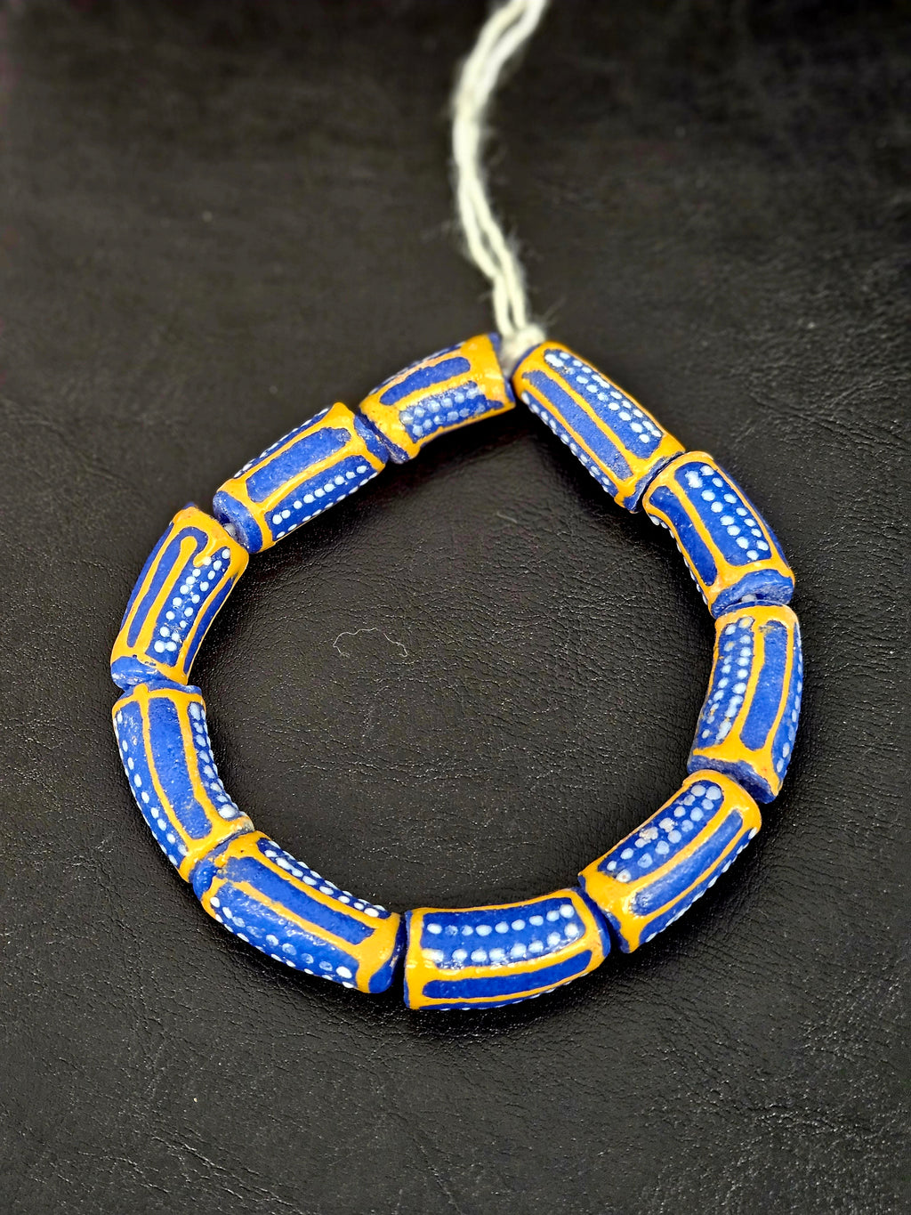 Royal Blue Krobo Painted Glass Tube Beads with Golden Yellow Borders | Handcrafted Recycled Glass from Ghana