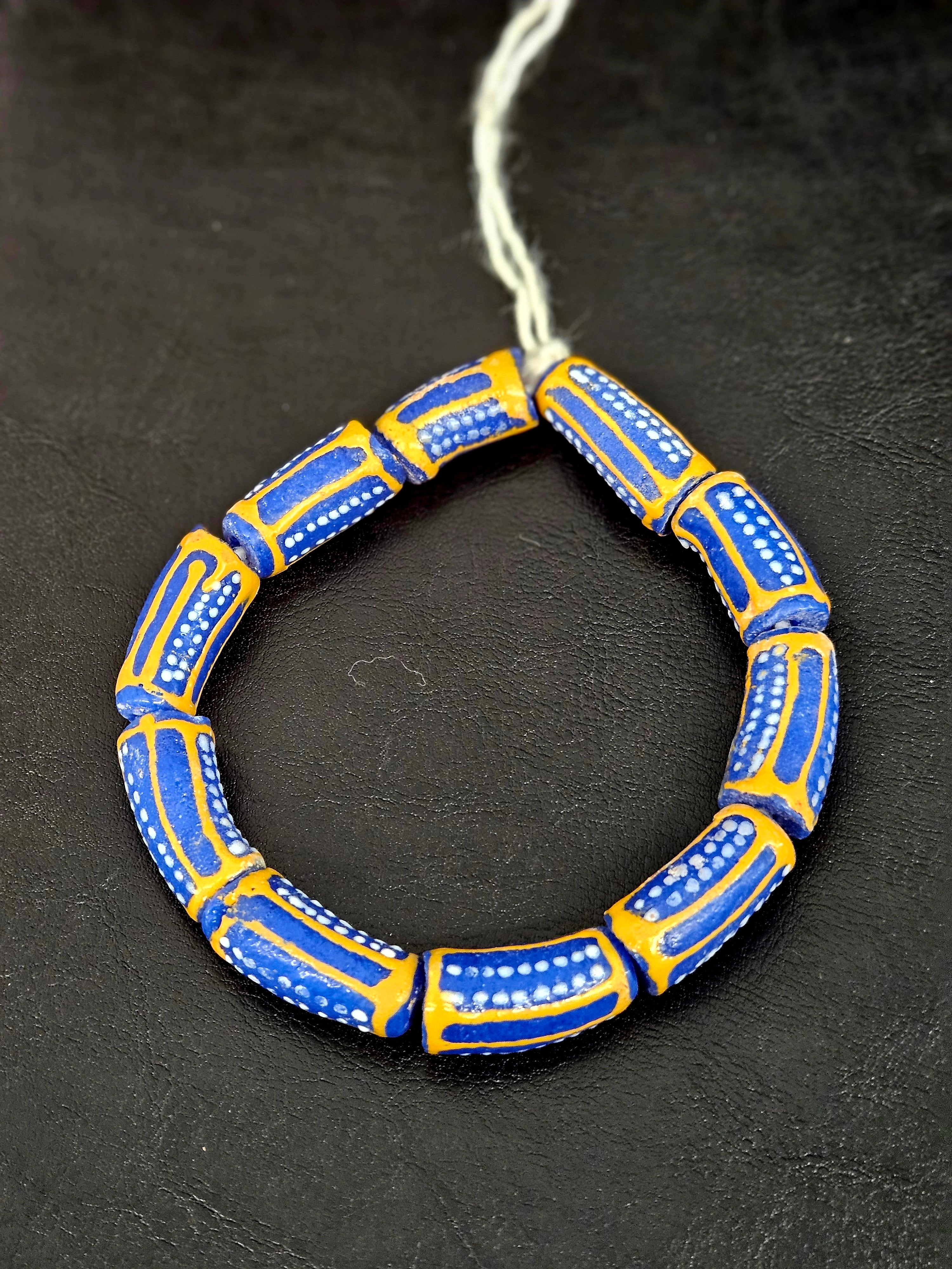 Royal Blue Krobo Painted Glass Tube Beads with Golden Yellow Borders | Handcrafted Recycled Glass from Ghana